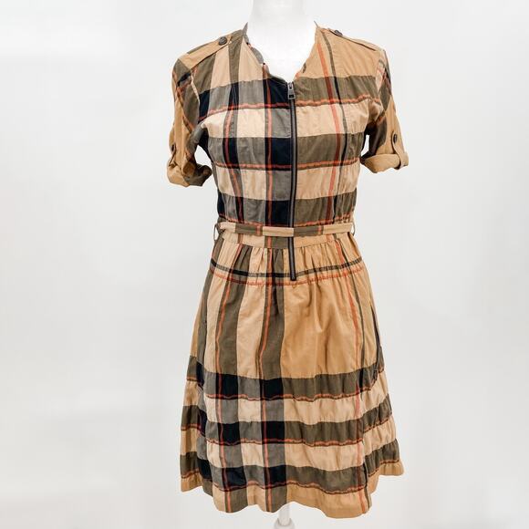 Burberry Dress Shirt Plaid Classic Nova Check Tan Brown US 2 Summer Print Black - Picture 1 of 14